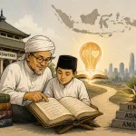 Di tengah derasnya arus zaman modern, pesantren dan tradisi kitab kuning tetap menyalakan cahaya ilmu, adab, dan akhlak sebagai fondasi kebangkitan moral serta intelektual bangsa Indonesia. (Karikatur dibuat oleh AI).